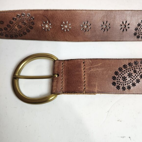 Lucky Brand Sun Flower Floral Leather Belt Lazer Cut Brown Large - Picture 2 of 9